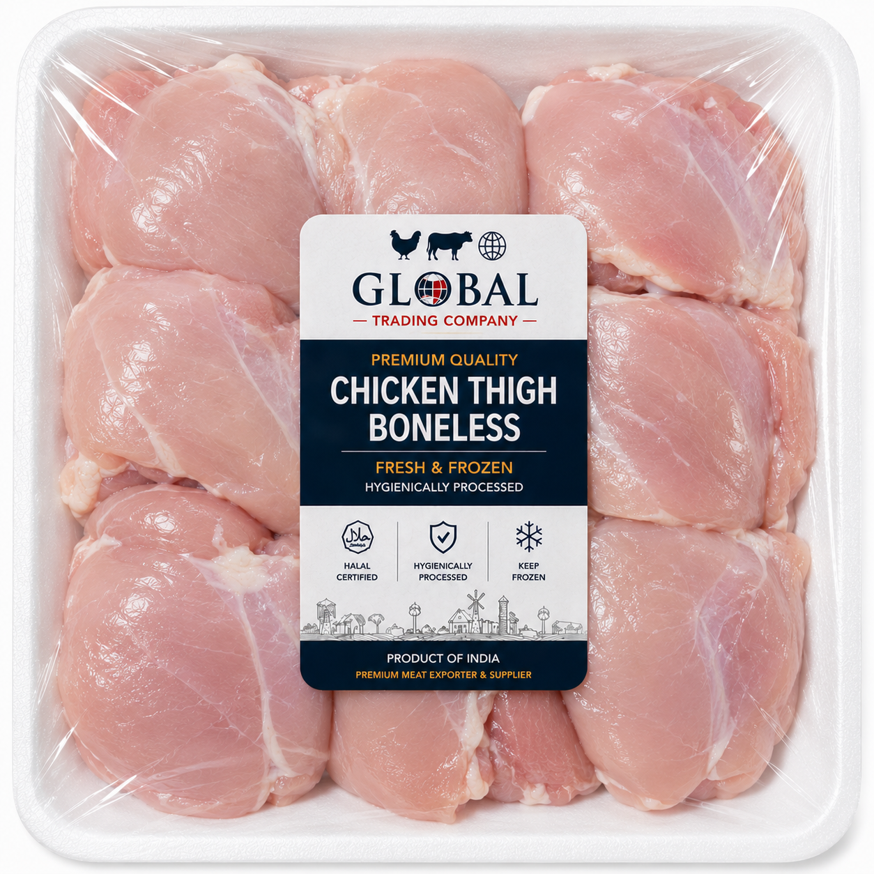Premium Frozen Boneless Chicken Thigh | Halal Frozen Chicken Thigh Meat Supplier & Exporter | Hygienically Processed Premium Poultry | Export Quality Frozen Packed Chicken | Global Trading Company