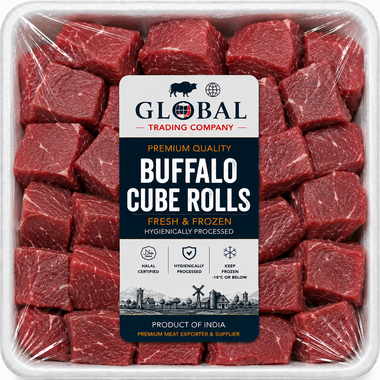 Premium Frozen Buffalo Cube Rolls | Halal Buffalo Cube Rolls Supplier & Exporter | Hygienically Processed Fresh Frozen Buffalo Meat Cubes | Export Quality Packed Buffalo Cube Cuts | Global Trading Company