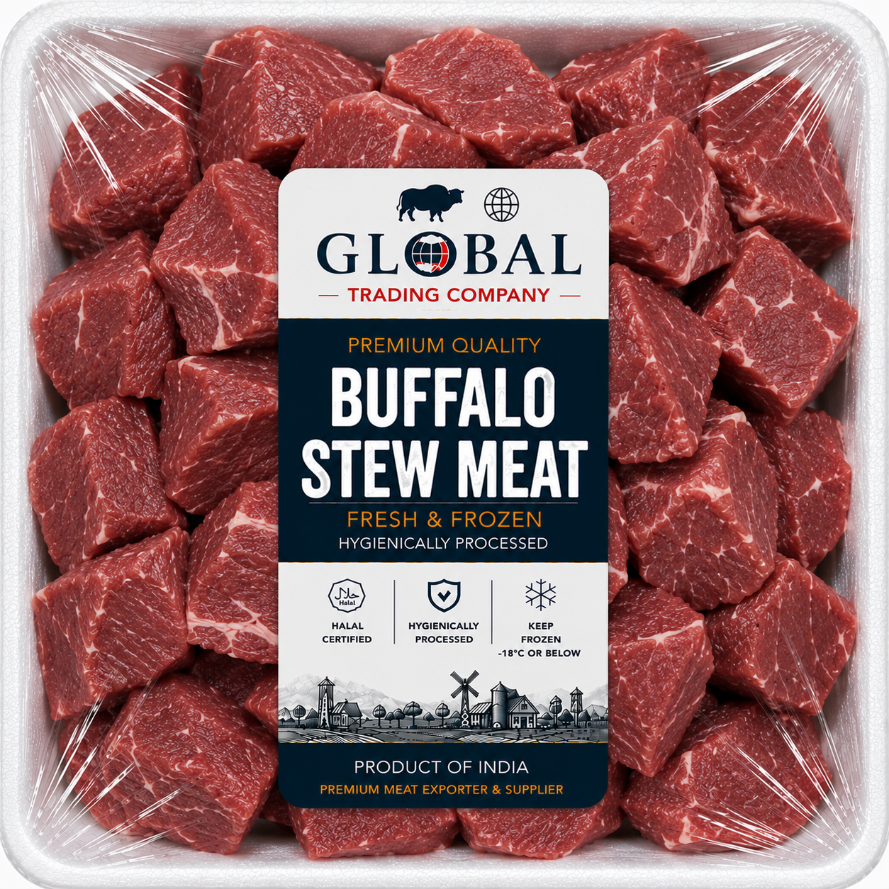 Premium Frozen Buffalo Stew Meat | Halal Buffalo Stew Meat Supplier & Exporter | Hygienically Processed Fresh Frozen Buffalo Stew Cubes | Export Quality Packed Buffalo Meat | Global Trading Company
