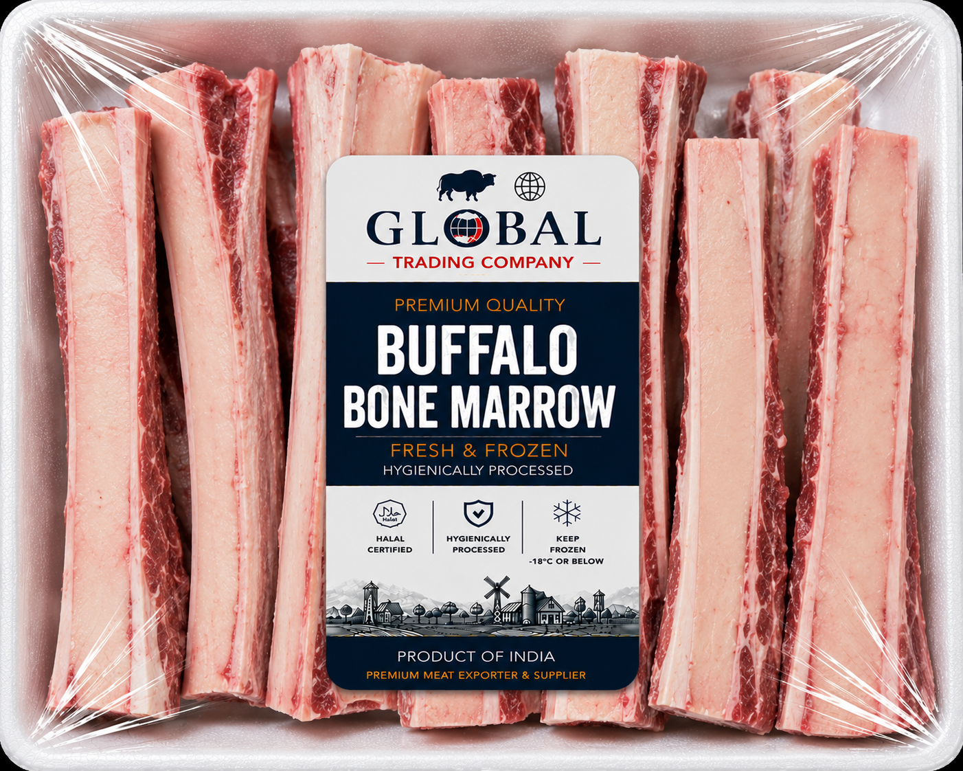 Premium Frozen Buffalo Bone Marrow | Halal Buffalo Marrow Bones Supplier & Exporter | Hygienically Processed Long Cut Frozen Marrow Bones | Export Quality Packed Buffalo Bone Marrow | Global Trading Company