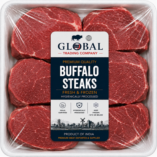 Premium Frozen Buffalo Steaks | Halal Buffalo Steak Supplier & Exporter | Hygienically Processed Fresh Frozen Boneless Buffalo Steaks | Export Quality Packed Buffalo Meat | Global Trading Company
