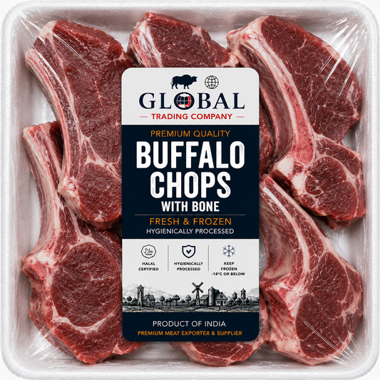 Premium Frozen Buffalo Chops with Bone | Halal Buffalo Bone-In Chops Supplier & Exporter | Hygienically Processed Fresh Frozen Buffalo Chops | Export Quality Packed Buffalo Meat | Global Trading Company